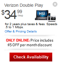 Verizon Fios: Verizon High Speed Internet + Phone (Double Play Bundle) For $34.99/mo