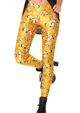 Beautifulhalo: Golden Yellow Cartoon Dog Print Eye-Catching Elastic Leggings