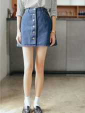 Beautifulhalo: Plain Button Fly Denim Mini A-Line Skirt