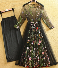 Beautifulhalo: Bohemia Stylish Embroidery Pattern Sheer 3/4 Length Sleeve Midi Dress