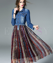 Ezpopsy: Chic Denim Patch Print High Waist Skater Dress