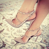 FSJshoes: Nude With Rivets Slingback Pumps T-Strap Stiletto Heels Shoes
