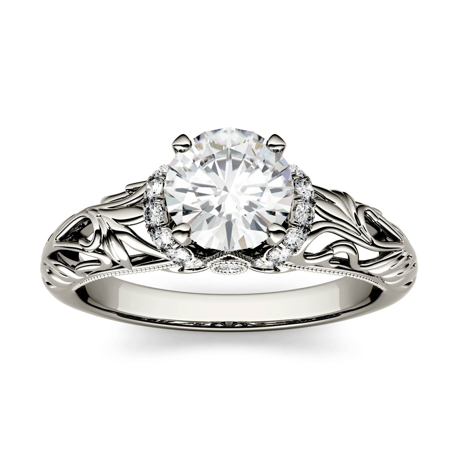 CHARLES & COLVARD: Round Colorless Moissanite Floral Band Solitaire With Side Accents Engagement Ring
