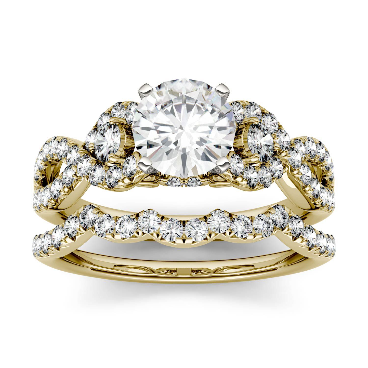 CHARLES & COLVARD: Round DEW Moissainte Solitaire With Side Accents Bridal Ring