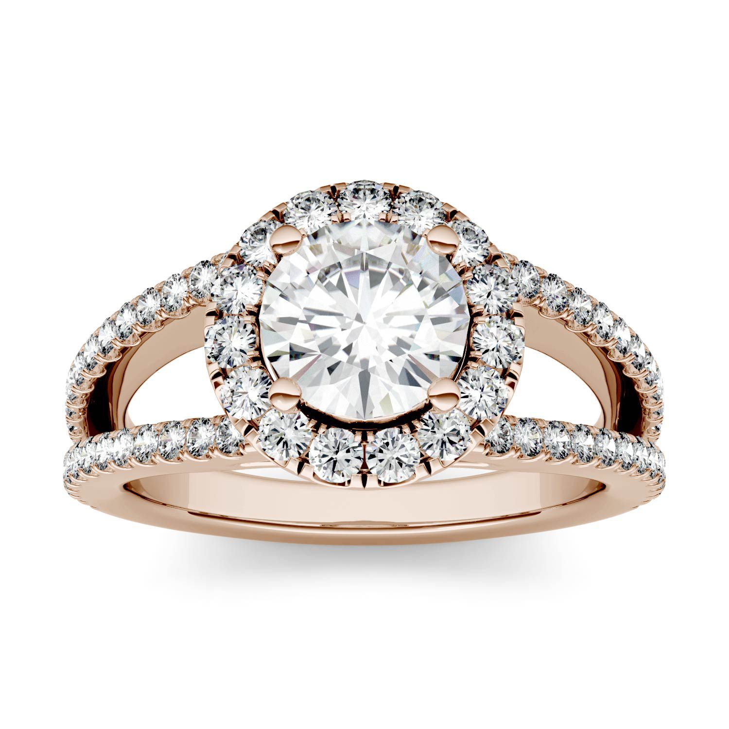 CHARLES & COLVARD: Round DEW Moissainte Split Shank Halo With Side Accents Engagement Ring