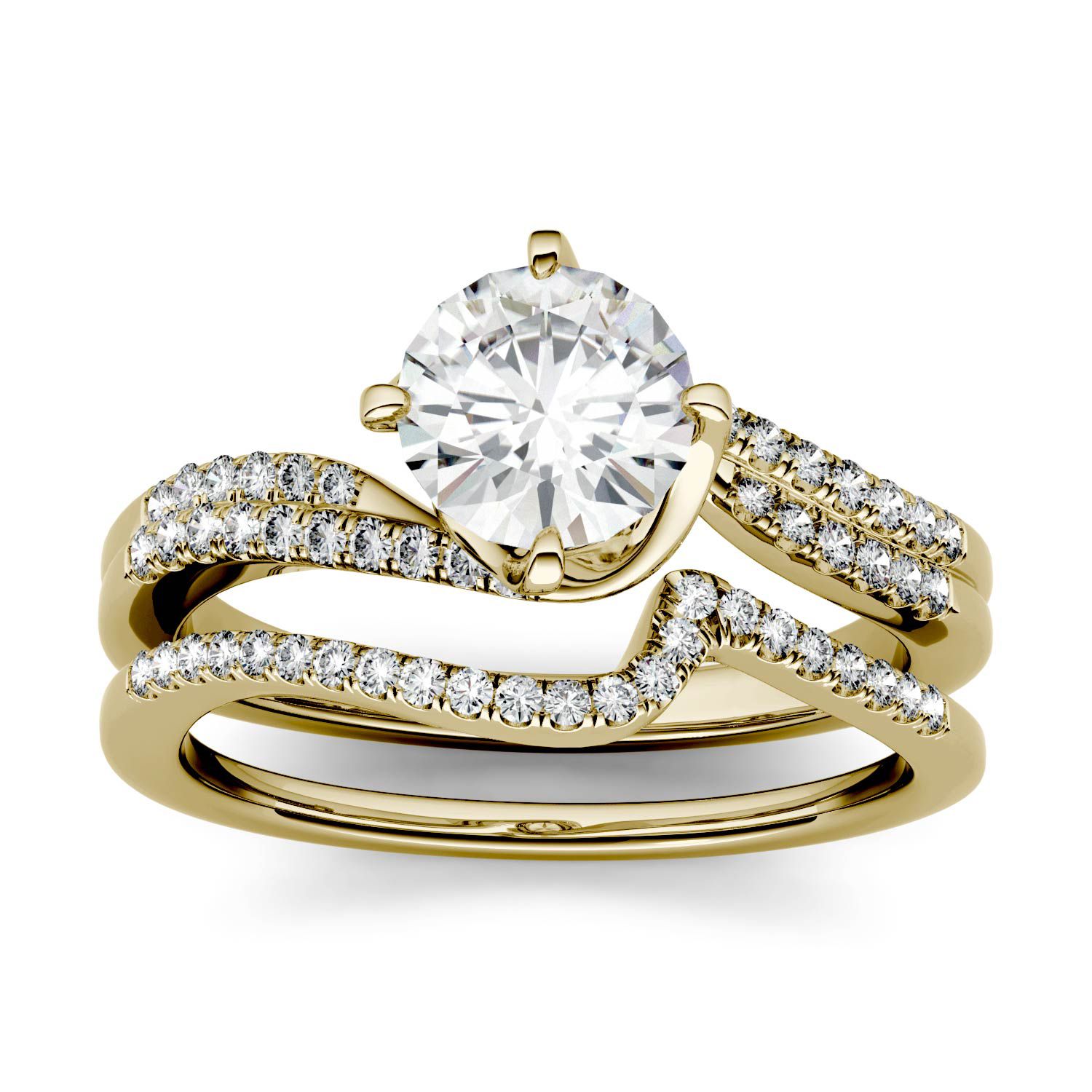 CHARLES & COLVARD: Moissainte Swirl Bypass Solitaire With Side Accents Bridal Ring