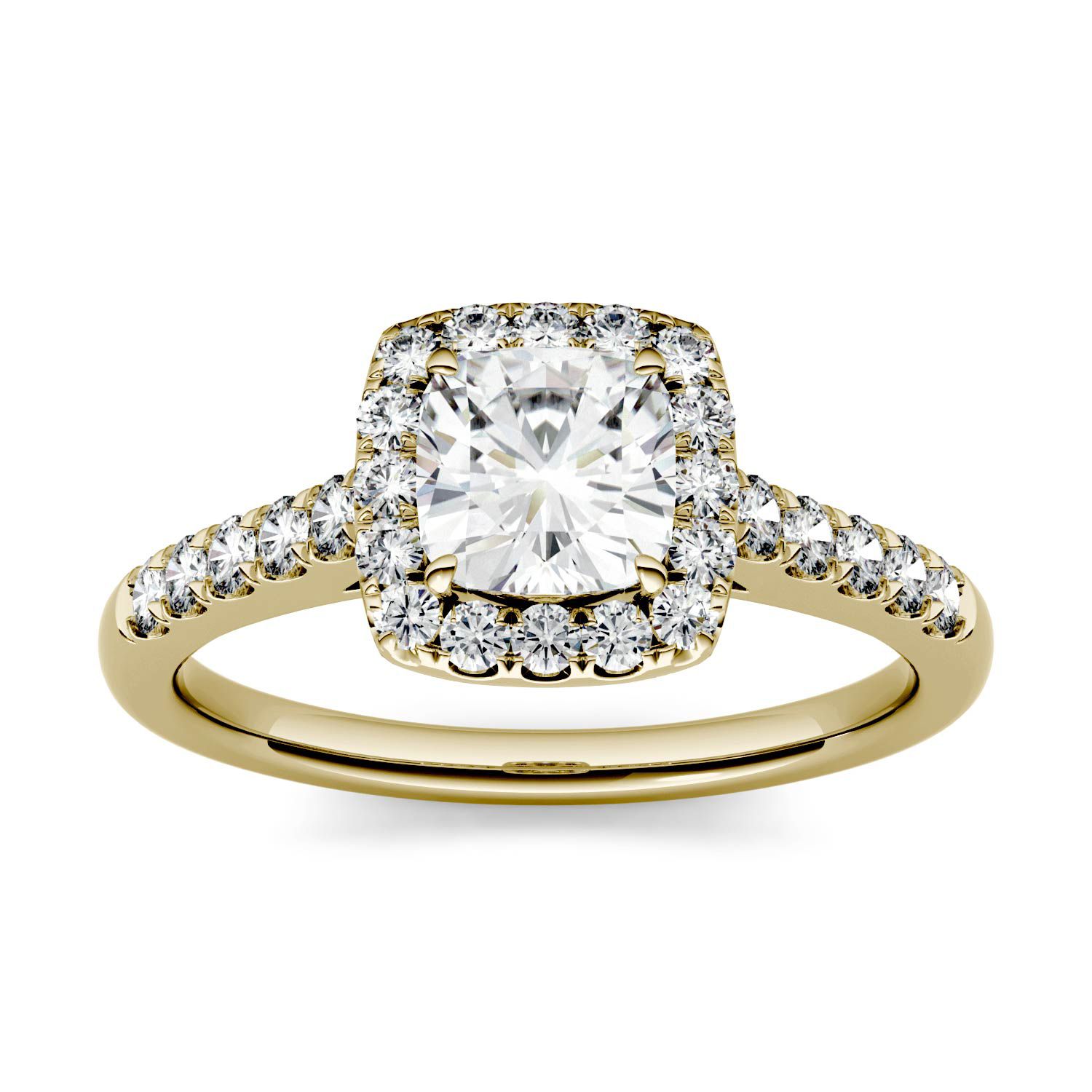 CHARLES & COLVARD: Cushion Moissainte Halo With Side Accents Engagement Ring