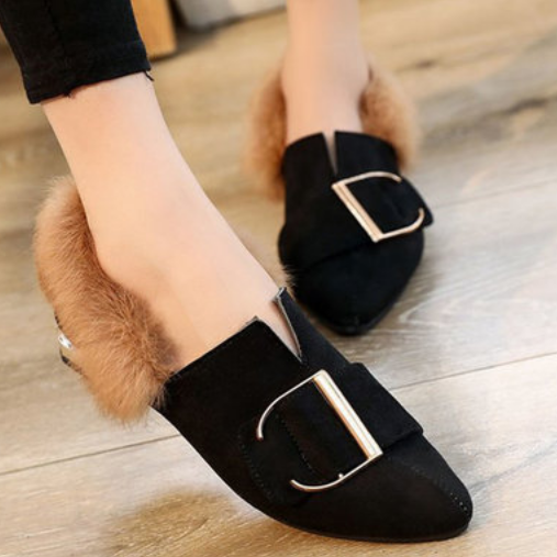 JustFashionNow: Black Pointed Toe Furry Women Slip-On Flats