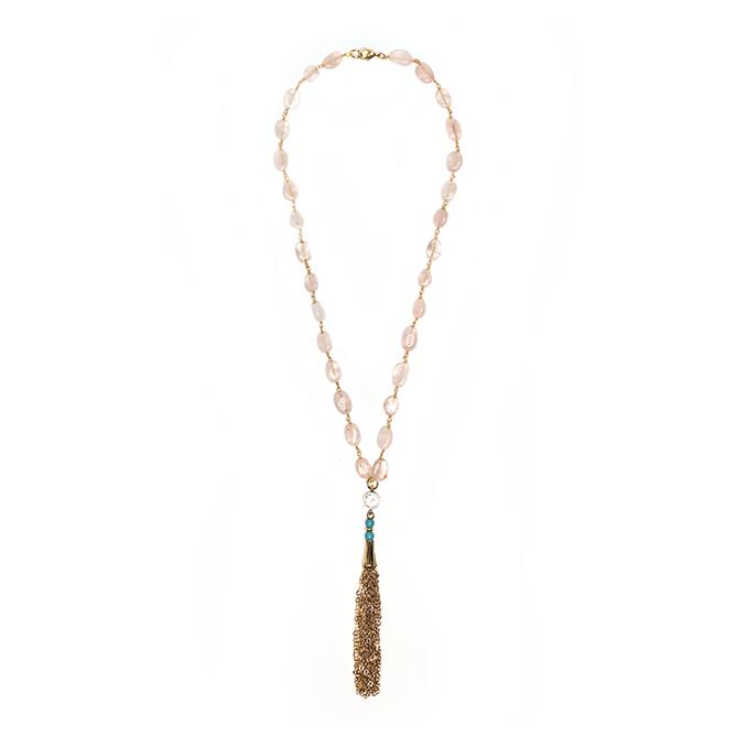 Sacred Jewels: Rose Quartz Eva Gemstone Chain Tassel Necklace Just $98