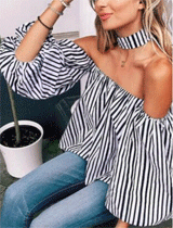 Unibabe: 55% Off Navy Blue Stripe Off-shoulder Puff Sleeve Blouse