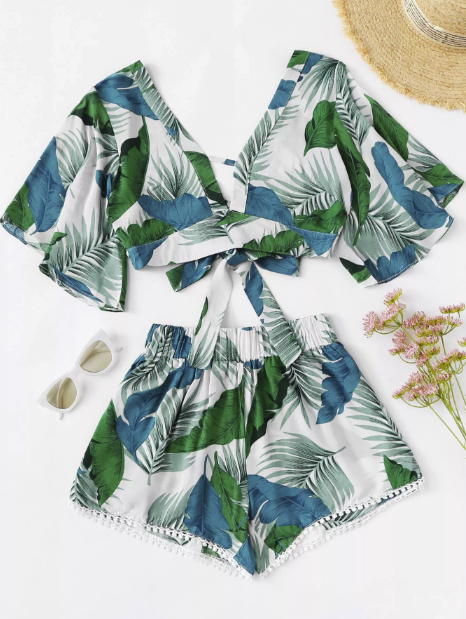 Romwe: 70% Off Self Tie Tropical Print Top With Shorts